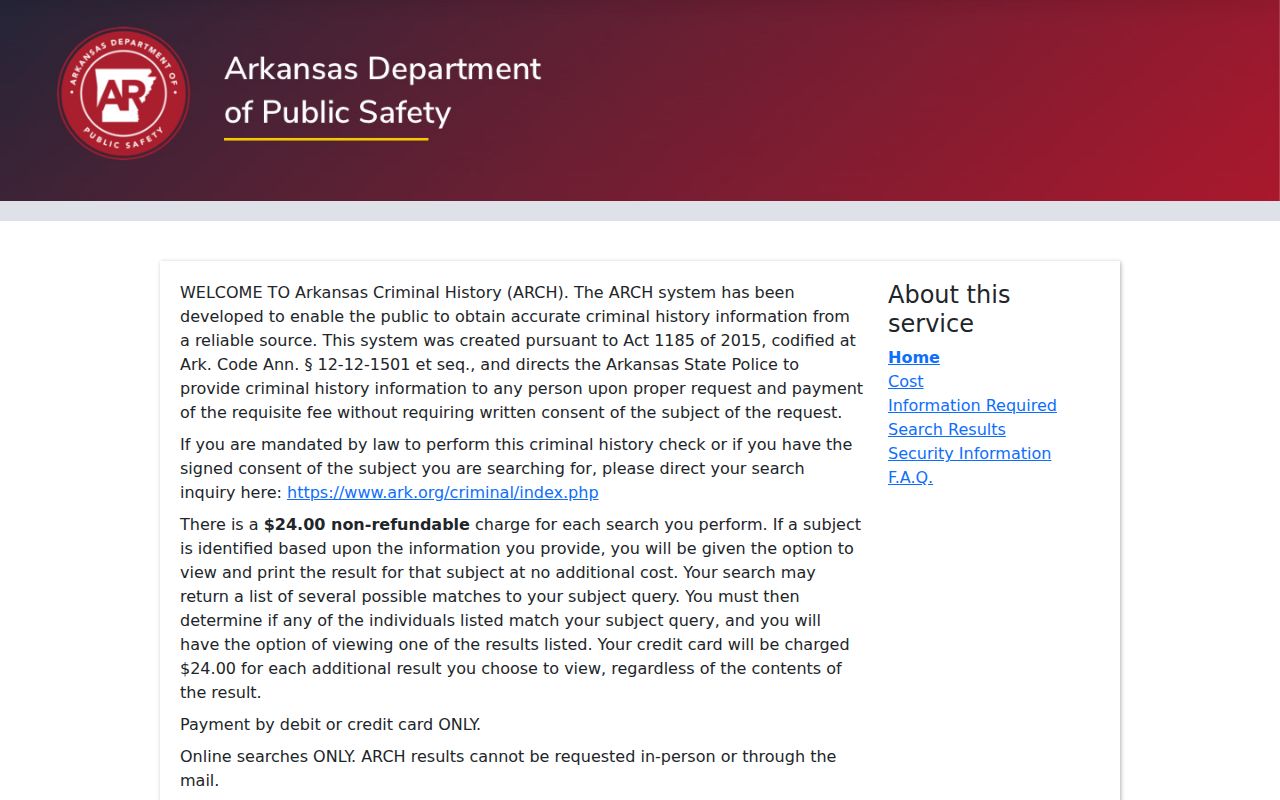 ARCH public Arkansas criminal history portal used for Monroe County searches