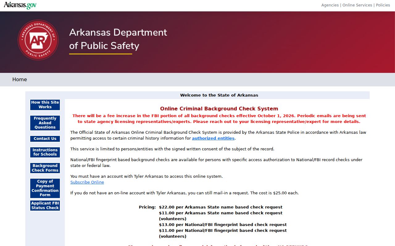 Arkansas CBC restricted criminal history system for authorized Monroe County checks